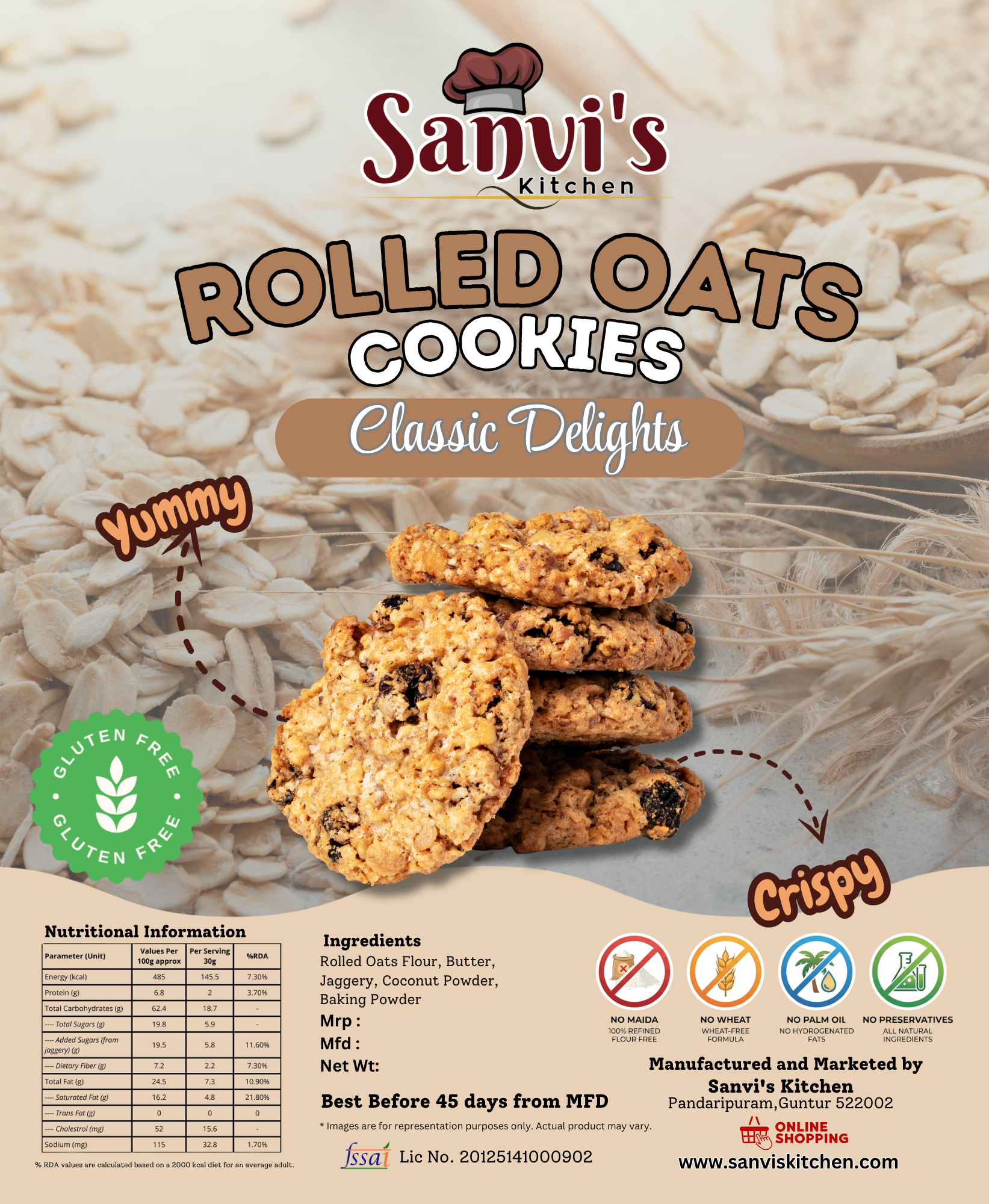 rolled oats cookies | classic delights | high fiber & naturally gluten free | 200gms pack
