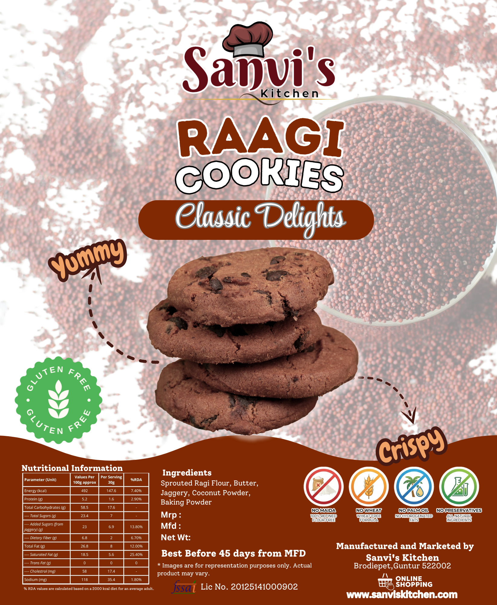 sprouted raagi cookies | classic delights | naturally gluten free 200gms pack